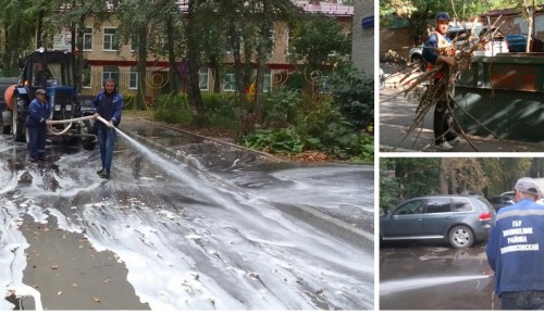 В Ломоносовском районе проходит уборка территории от опавших листьев