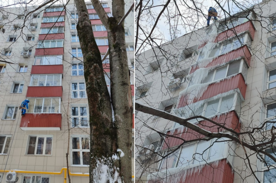 В Черемушках провели работы по удалению сосулек с балконов многоквартирного дома