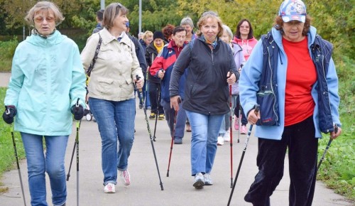 В Гагаринском районе для пенсионеров работает спортивная секция "Скандинавская ходьба"