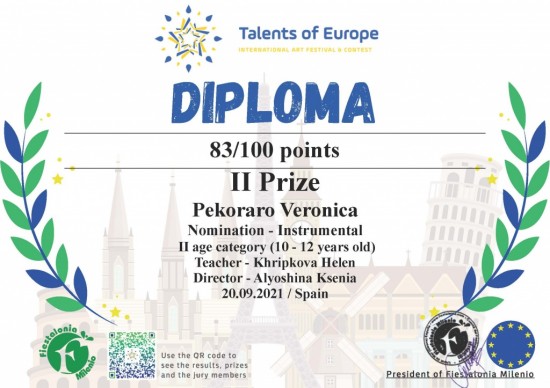 Ученица музыкальной школы имени Иванова-Крамского стала серебрянным призером Международного конкурса «Talents of Europe»