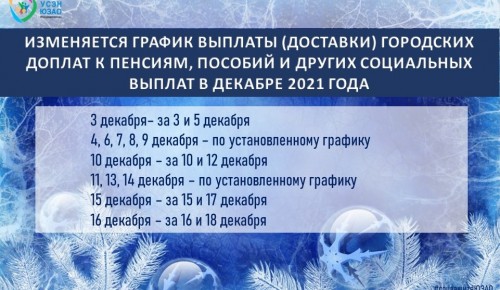 УСЗН по ЮЗАО информирует об изменении графика выплаты городских доплат к пенсиям, пособиям и другим социальным выплатам в декабре 2021 года