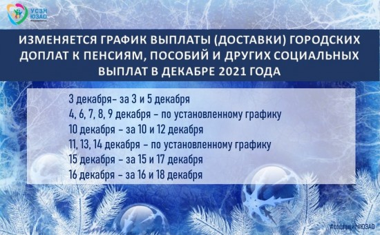 УСЗН по ЮЗАО информирует об изменении графика выплаты городских доплат к пенсиям, пособиям и другим социальным выплатам в декабре 2021 года