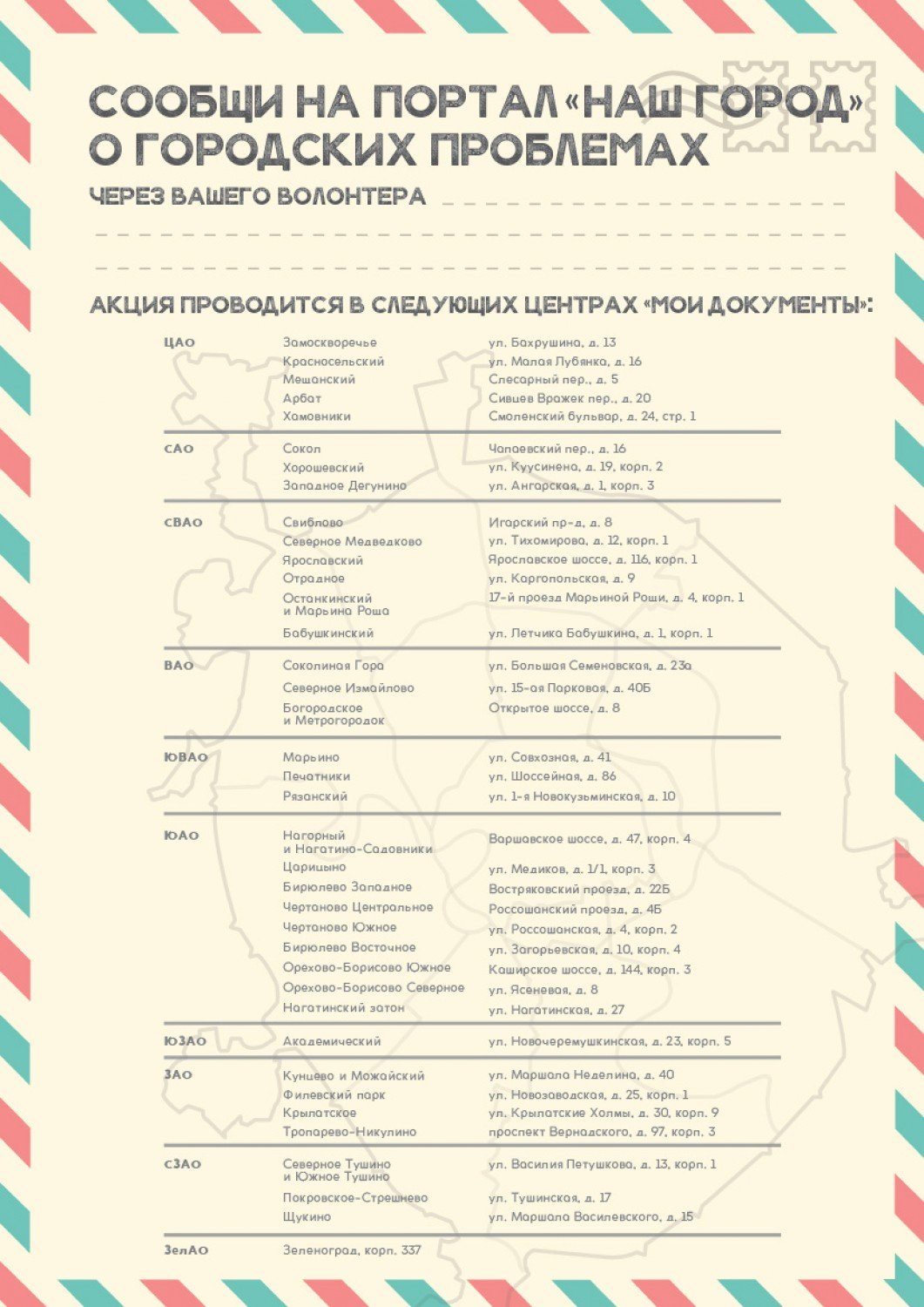 Жители Обручевского района могут оставить свои предложения по улучшению  облика города в любом из центров госуслуг